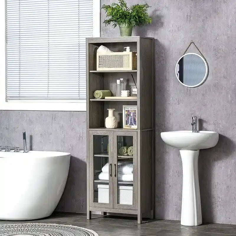 Freestanding Tall Bathroom Storage Cabinet with Open Shelves and Glass Doors