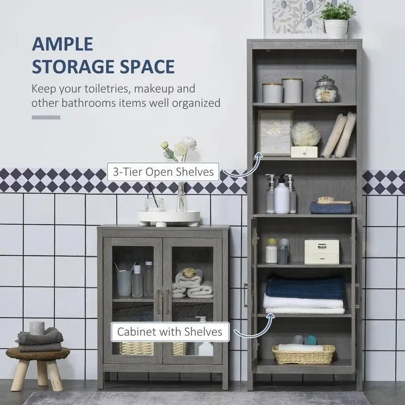 Freestanding Tall Bathroom Storage Cabinet with Open Shelves and Glass Doors