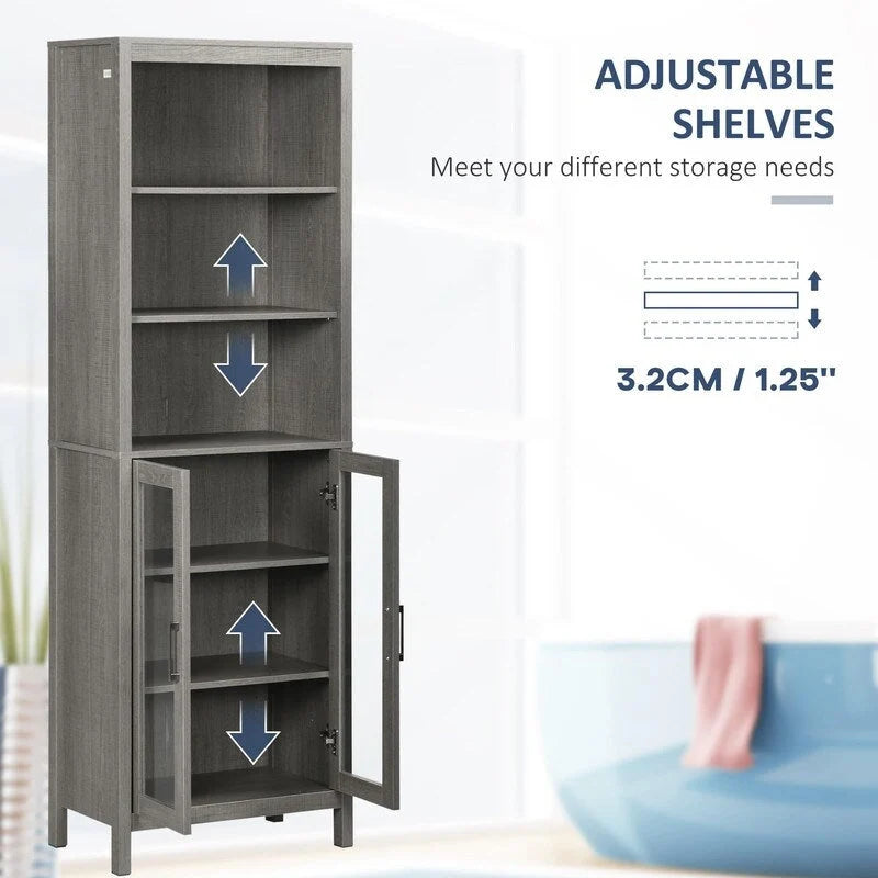 Freestanding Tall Bathroom Storage Cabinet with Open Shelves and Glass Doors