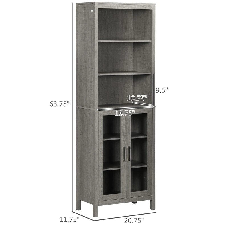 Freestanding Tall Bathroom Storage Cabinet with Open Shelves and Glass Doors