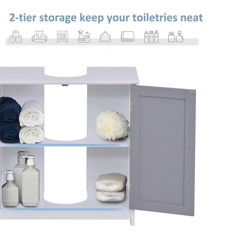 Under Sink Bathroom Storage Cabinet White Gray Double Door MDF