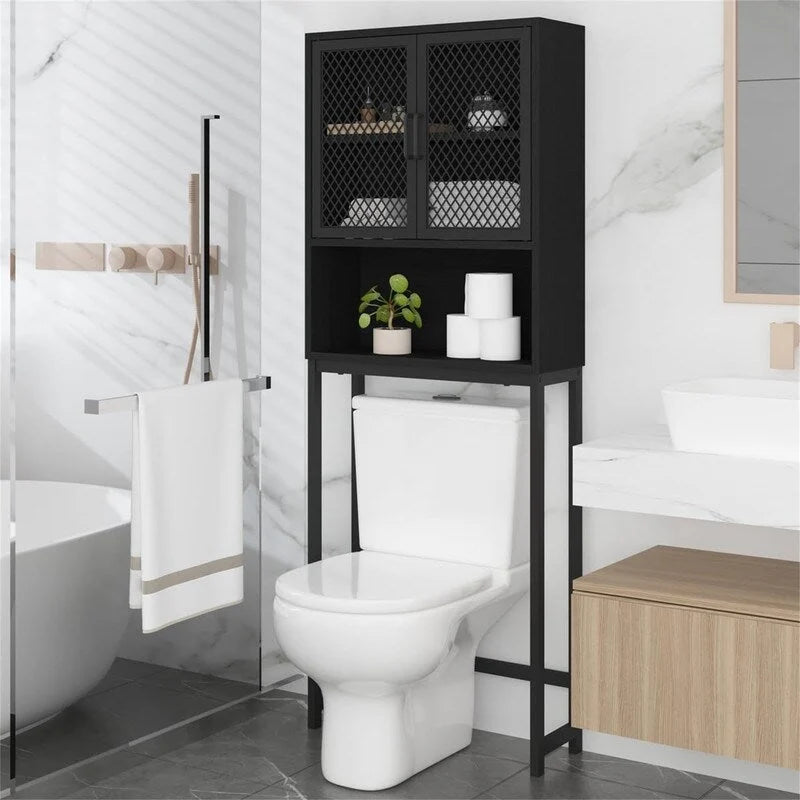 Over-Toilet Storage Cabinet with Mesh Doors Open Shelf Industrial Rustic Brown