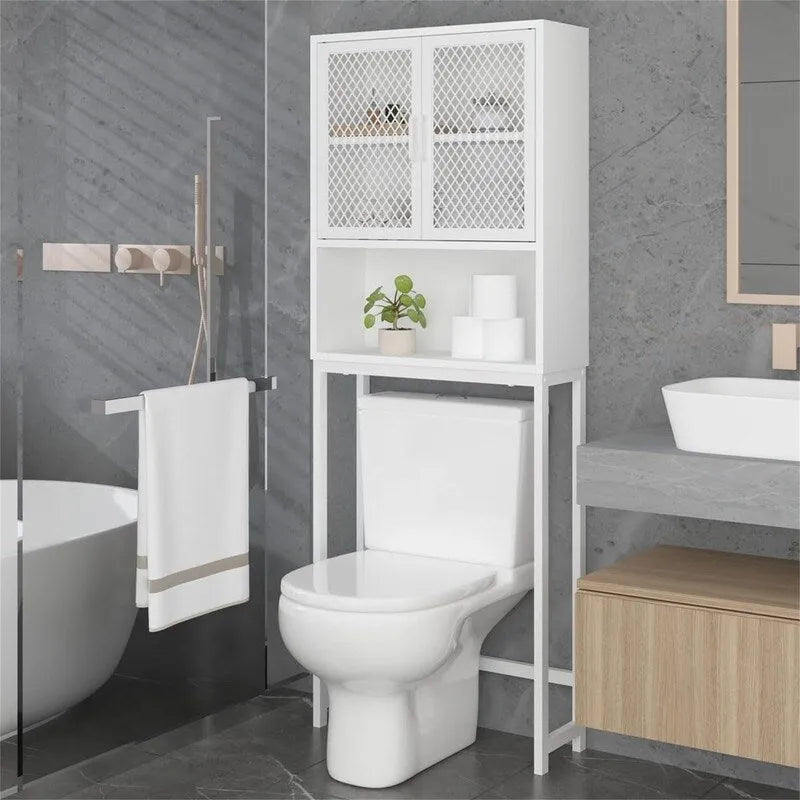 Over-Toilet Storage Cabinet with Mesh Doors Open Shelf Industrial Rustic Brown