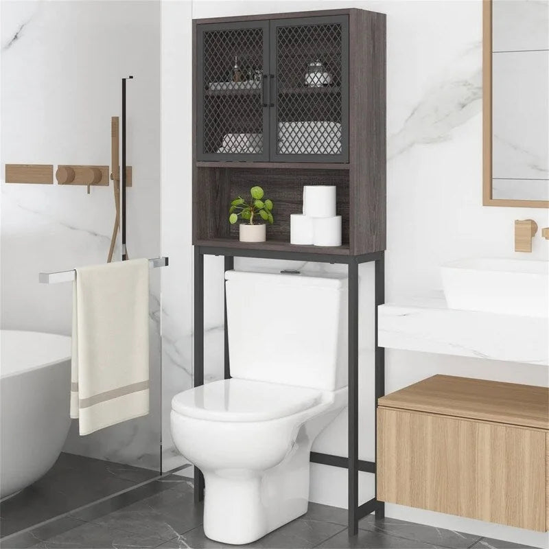 Over-Toilet Storage Cabinet with Mesh Doors Open Shelf Industrial Rustic Brown