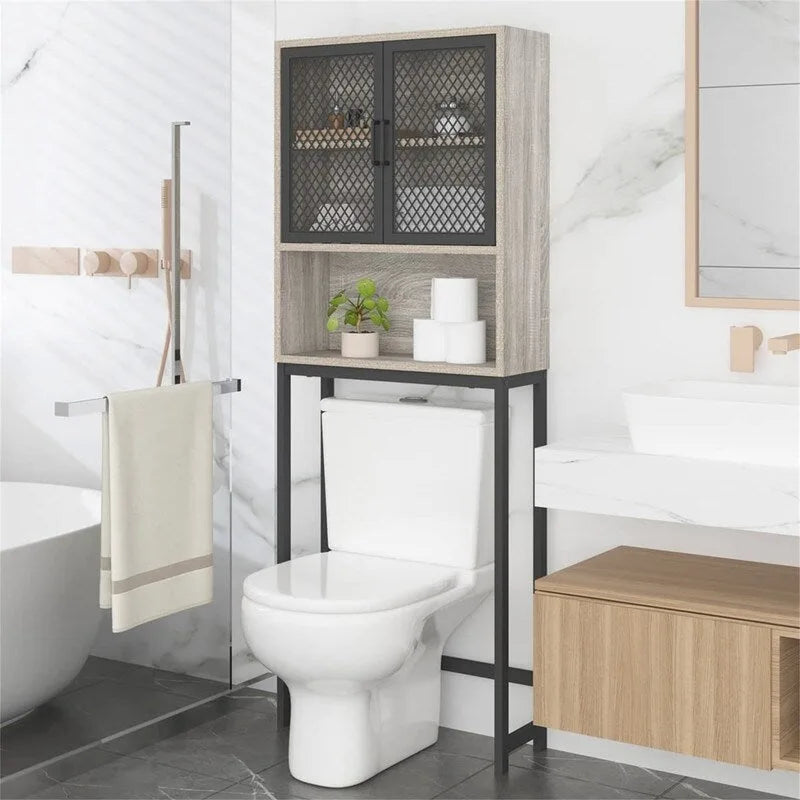 Over-Toilet Storage Cabinet with Mesh Doors Open Shelf Industrial Rustic Brown
