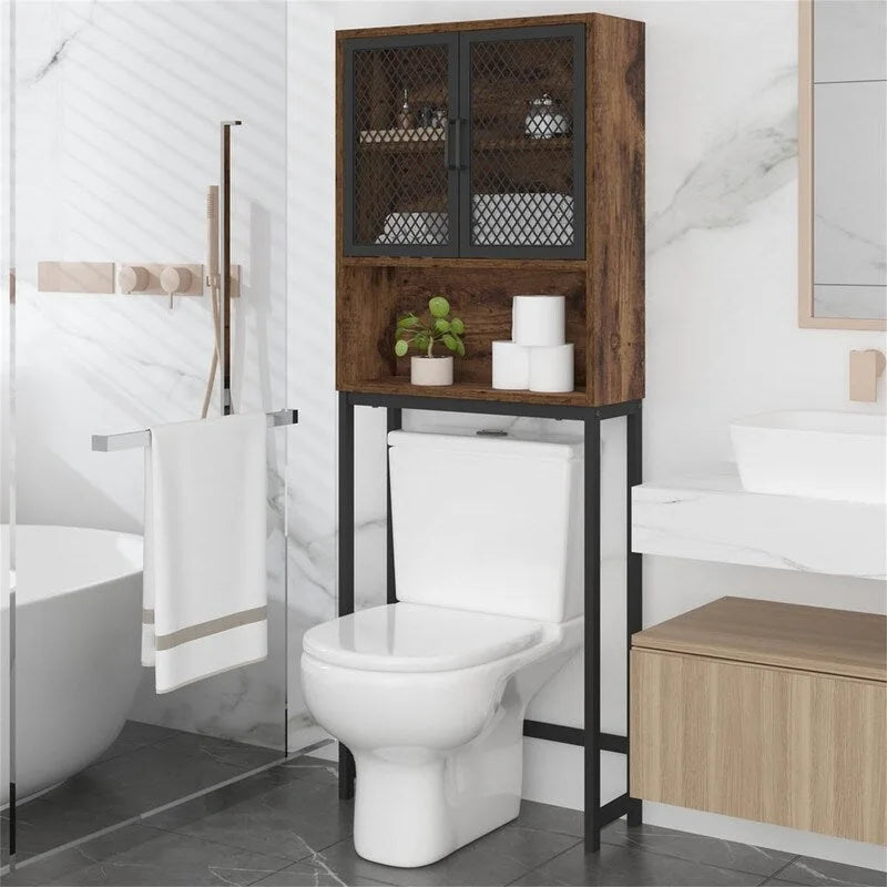 Over-Toilet Storage Cabinet with Mesh Doors Open Shelf Industrial Rustic Brown