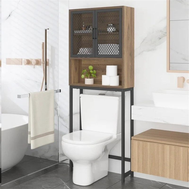 Over-Toilet Storage Cabinet with Mesh Doors Open Shelf Industrial Rustic Brown