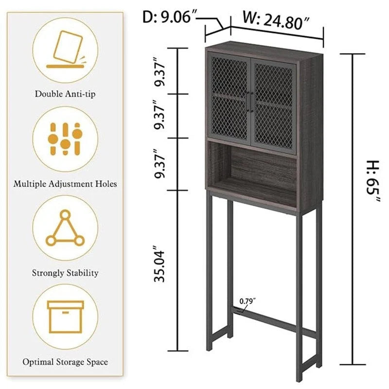 Over-Toilet Storage Cabinet with Mesh Doors Open Shelf Industrial Rustic Brown