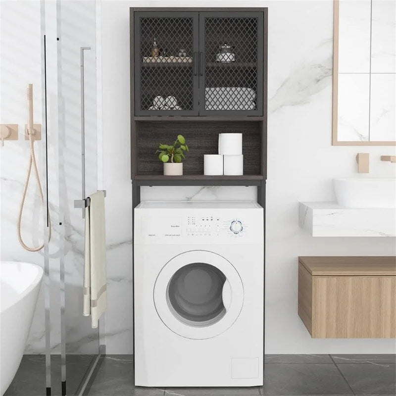 Over-Toilet Storage Cabinet with Mesh Doors Open Shelf Industrial Rustic Brown