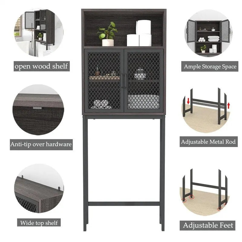 Over-Toilet Storage Cabinet with Mesh Doors Open Shelf Industrial Rustic Brown