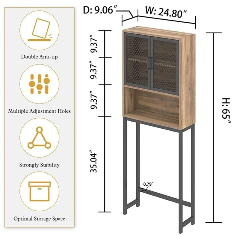 Over-Toilet Storage Cabinet with Mesh Doors Open Shelf Industrial Rustic Brown