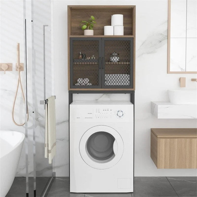 Over-Toilet Storage Cabinet with Mesh Doors Open Shelf Industrial Rustic Brown