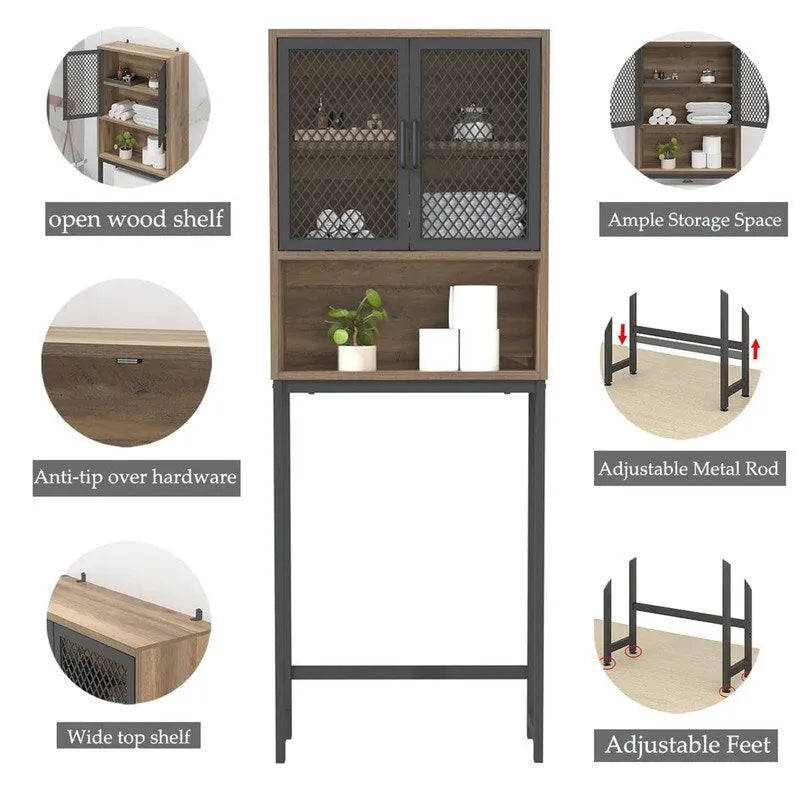 Over-Toilet Storage Cabinet with Mesh Doors Open Shelf Industrial Rustic Brown