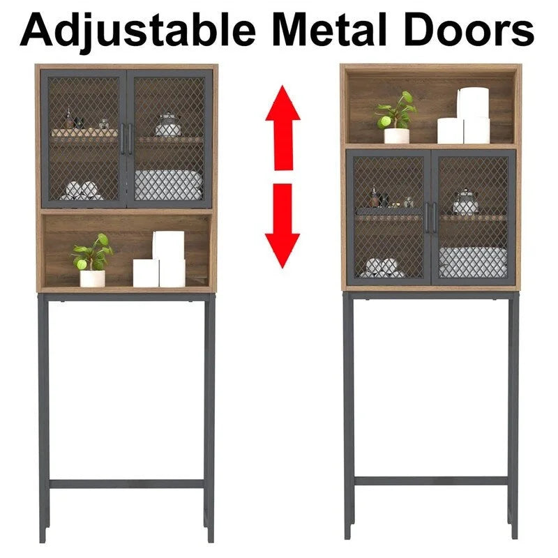 Over-Toilet Storage Cabinet with Mesh Doors Open Shelf Industrial Rustic Brown