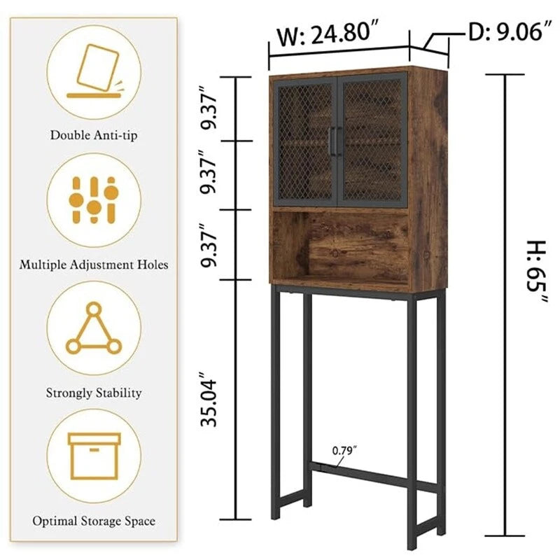 Over-Toilet Storage Cabinet with Mesh Doors Open Shelf Industrial Rustic Brown