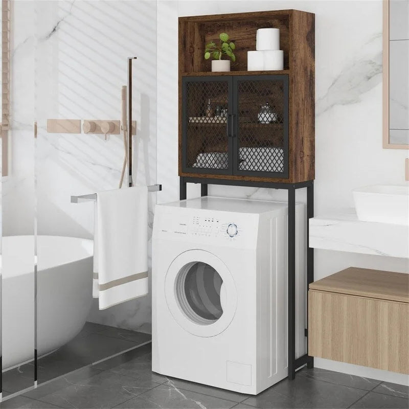 Over-Toilet Storage Cabinet with Mesh Doors Open Shelf Industrial Rustic Brown