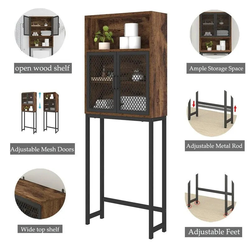Over-Toilet Storage Cabinet with Mesh Doors Open Shelf Industrial Rustic Brown