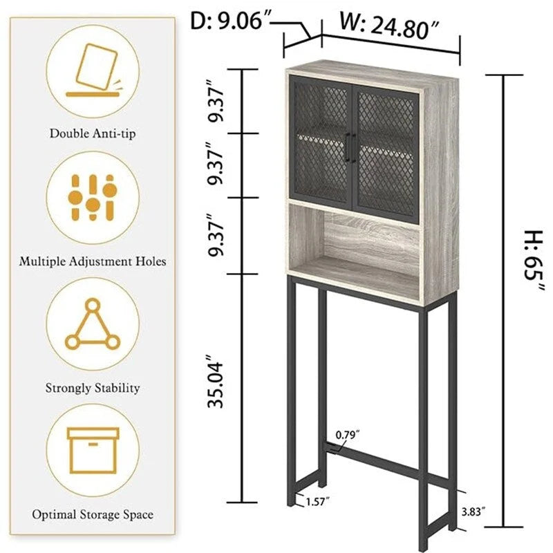 Over-Toilet Storage Cabinet with Mesh Doors Open Shelf Industrial Rustic Brown