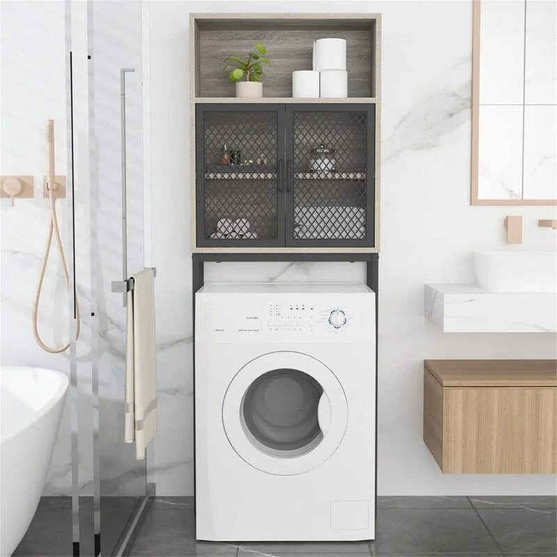 Over-Toilet Storage Cabinet with Mesh Doors Open Shelf Industrial Rustic Brown