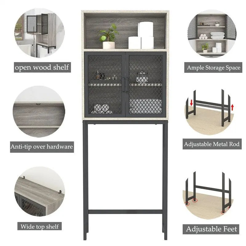 Over-Toilet Storage Cabinet with Mesh Doors Open Shelf Industrial Rustic Brown