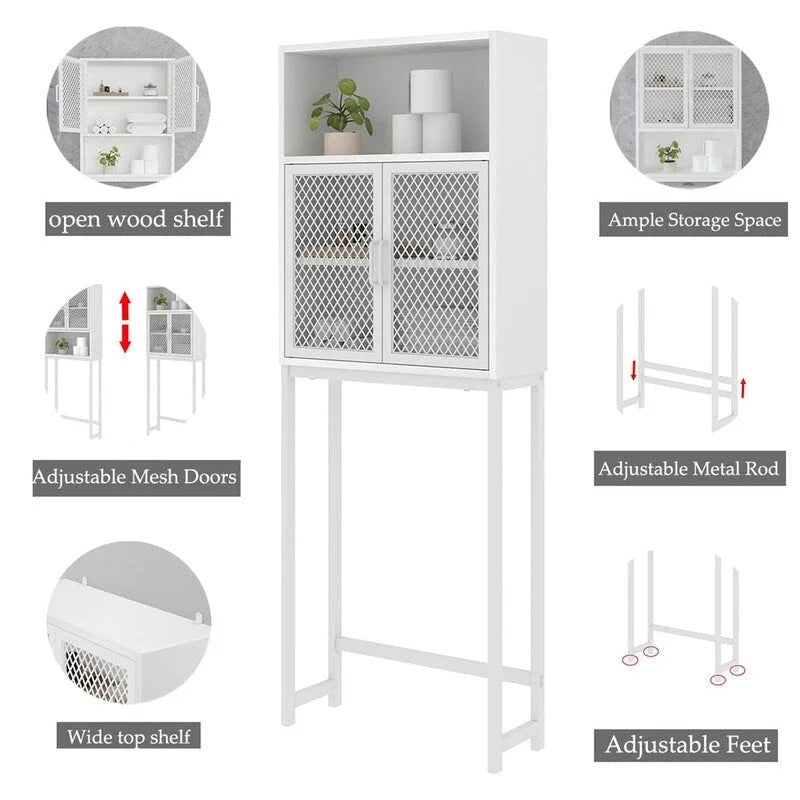 Over-Toilet Storage Cabinet with Mesh Doors Open Shelf Industrial Rustic Brown
