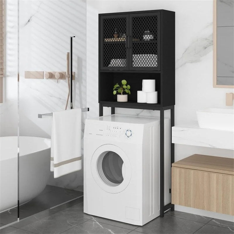 Over-Toilet Storage Cabinet with Mesh Doors Open Shelf Industrial Rustic Brown