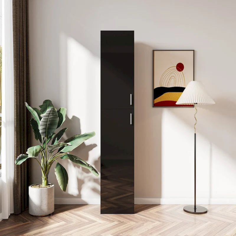 Slim Tall Freestanding Storage Cabinet with Fixed Shelves Black White