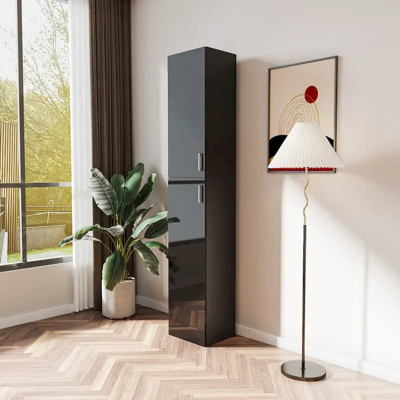 Slim Tall Freestanding Storage Cabinet with Fixed Shelves Black White