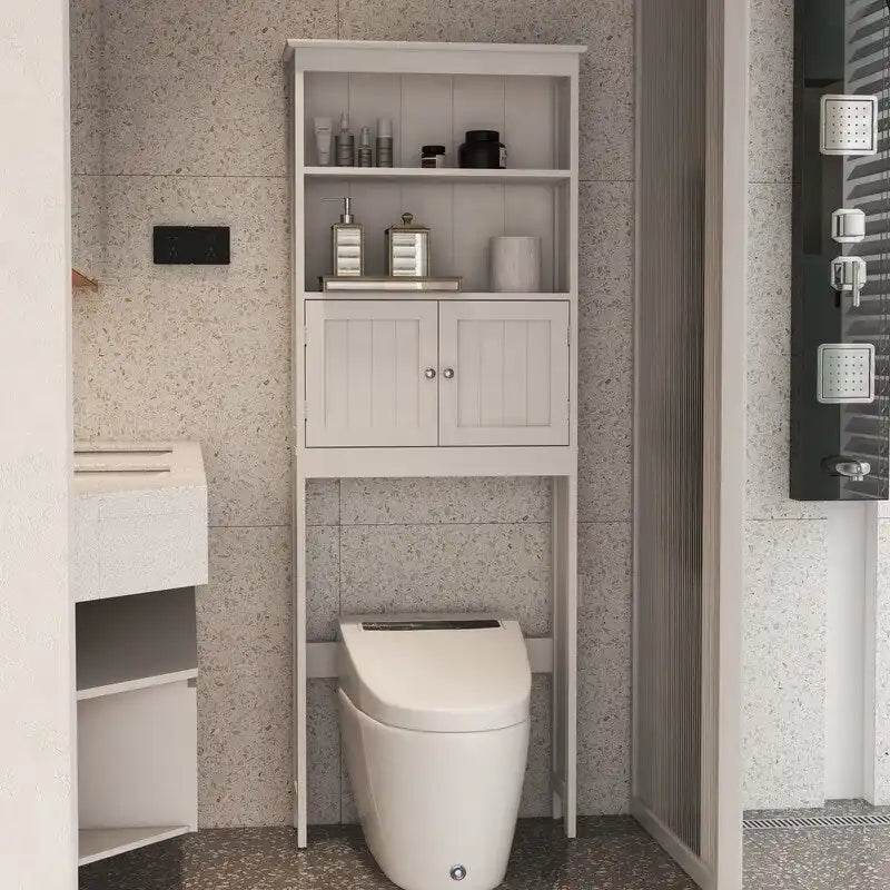 White Wood Freestanding Over Toilet Storage Cabinet with Open Shelves
