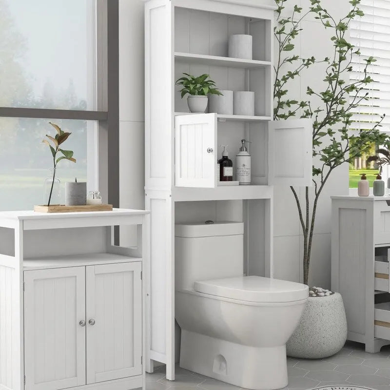 White Wood Freestanding Over Toilet Storage Cabinet with Open Shelves