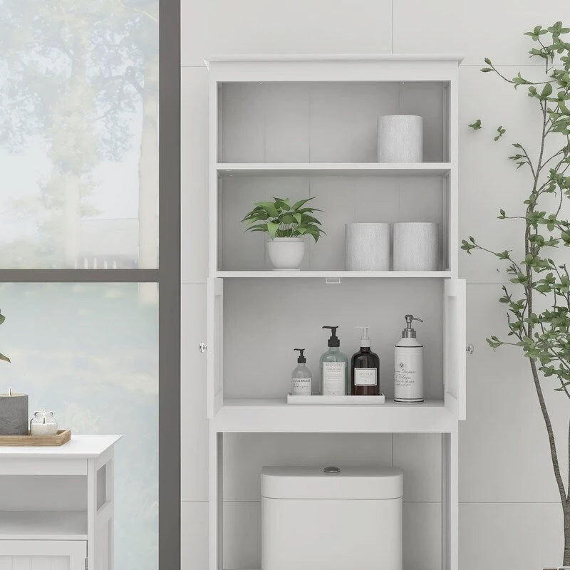 White Wood Freestanding Over Toilet Storage Cabinet with Open Shelves