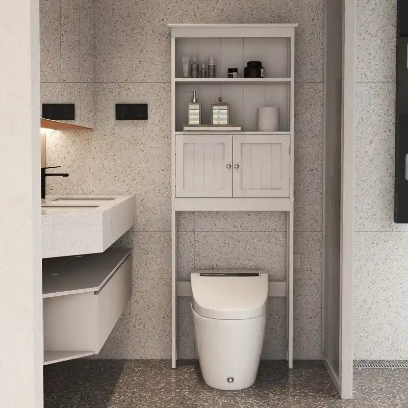 White Wood Freestanding Over Toilet Storage Cabinet with Open Shelves