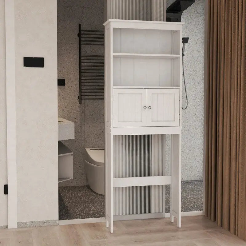 White Wood Freestanding Over Toilet Storage Cabinet with Open Shelves