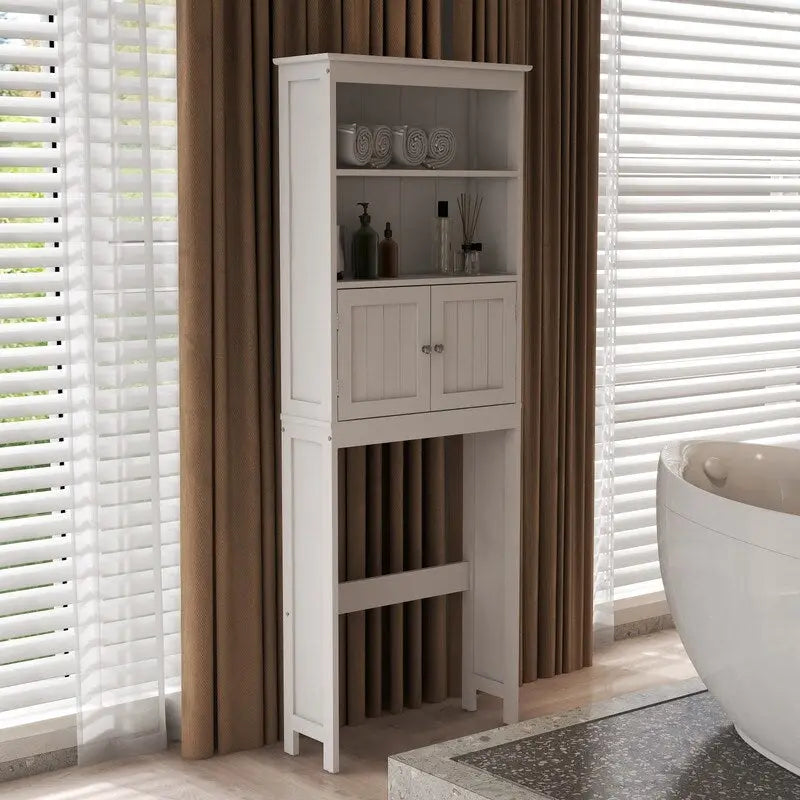 White Wood Freestanding Over Toilet Storage Cabinet with Open Shelves
