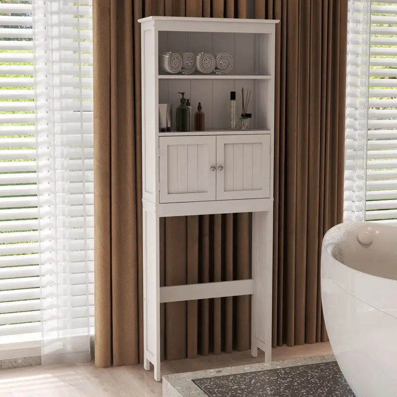 White Wood Freestanding Over Toilet Storage Cabinet with Open Shelves