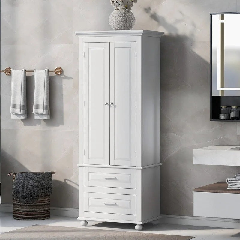 Tall Freestanding Storage Cabinet with Drawers and Adjustable Shelf White Grey
