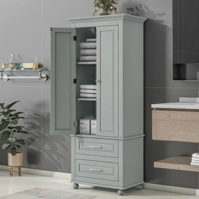 Tall Freestanding Storage Cabinet with Drawers and Adjustable Shelf White Grey