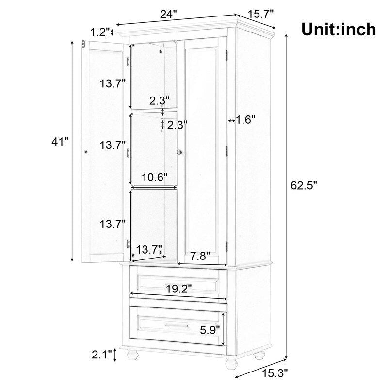 Tall Freestanding Storage Cabinet with Drawers and Adjustable Shelf White Grey