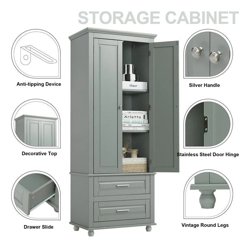Tall Freestanding Storage Cabinet with Drawers and Adjustable Shelf White Grey