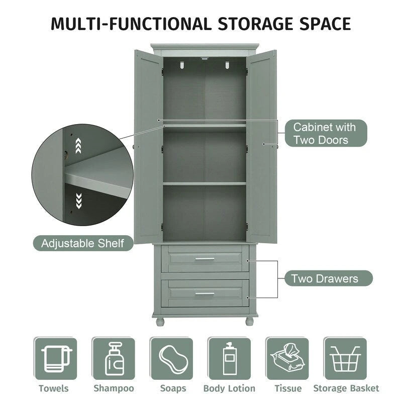 Tall Freestanding Storage Cabinet with Drawers and Adjustable Shelf White Grey
