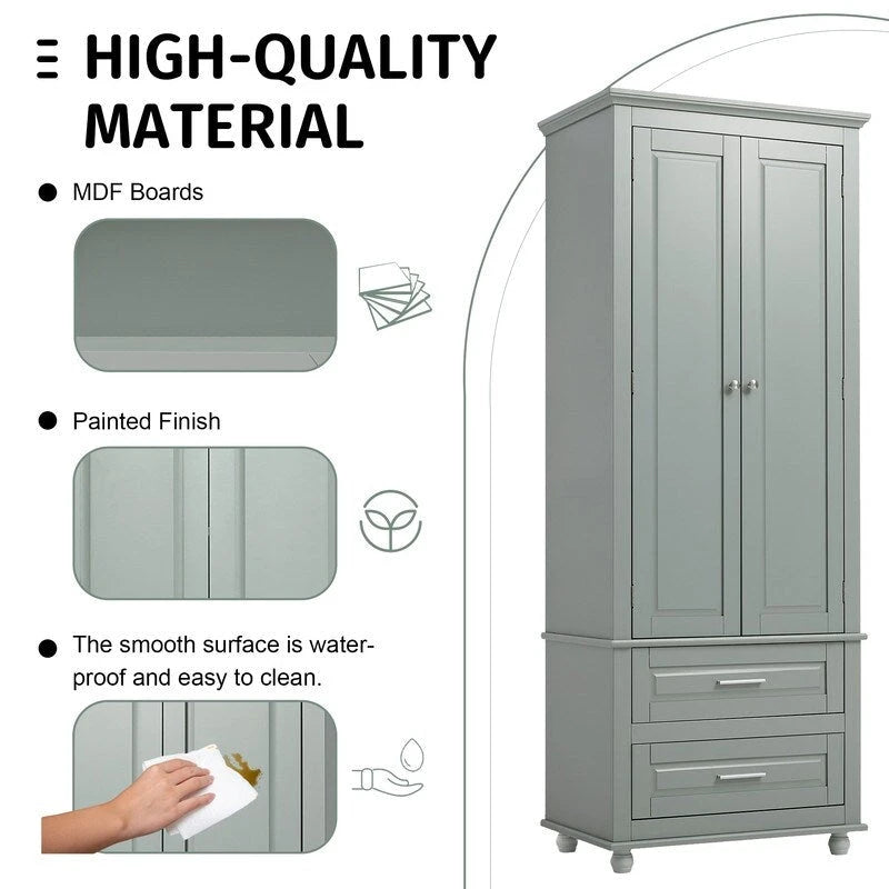 Tall Freestanding Storage Cabinet with Drawers and Adjustable Shelf White Grey