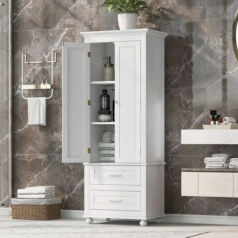 Tall Freestanding Storage Cabinet with Drawers and Adjustable Shelf White Grey