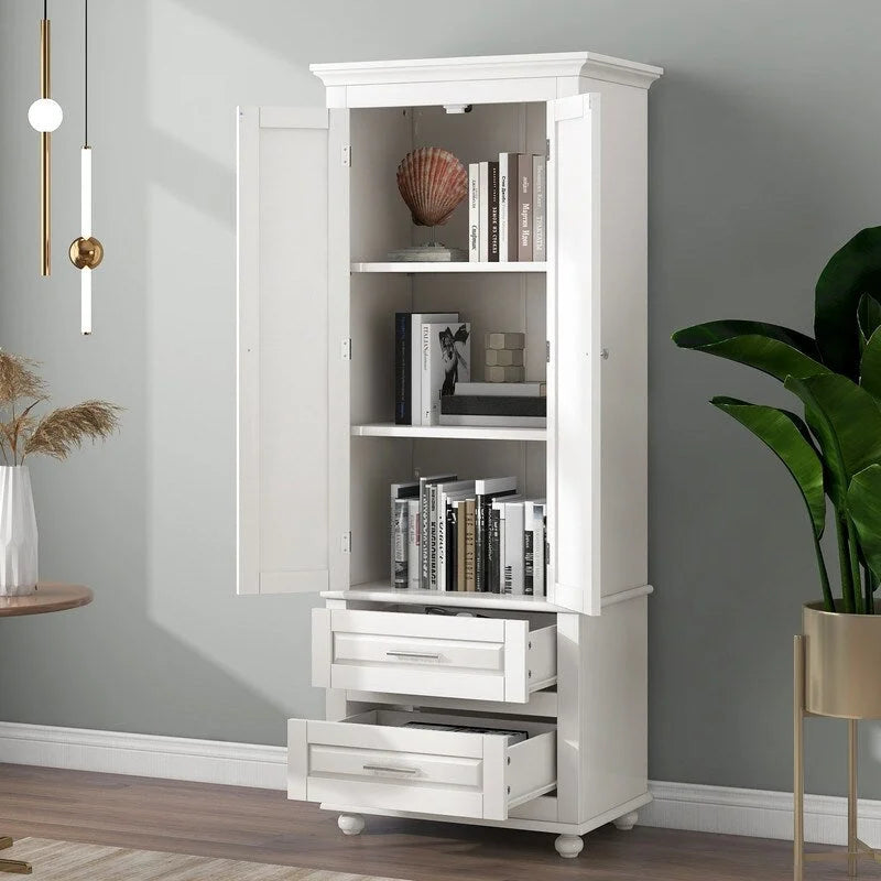 Tall Freestanding Storage Cabinet with Drawers and Adjustable Shelf White Grey