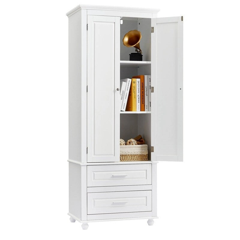 Tall Freestanding Storage Cabinet with Drawers and Adjustable Shelf White Grey