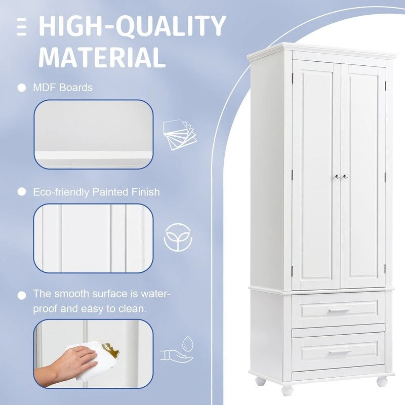 Tall Freestanding Storage Cabinet with Drawers and Adjustable Shelf White Grey