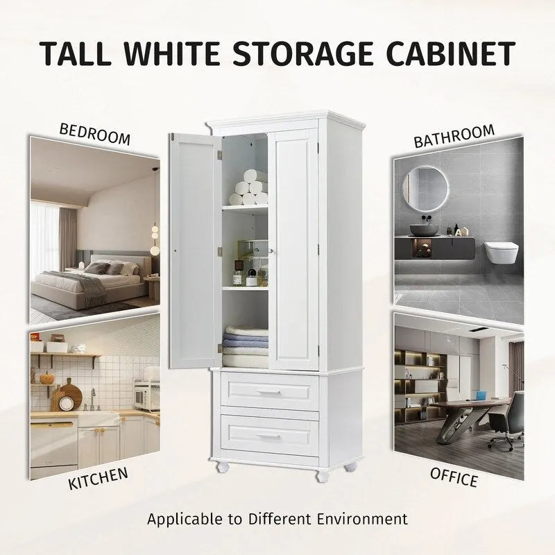 Tall Freestanding Storage Cabinet with Drawers and Adjustable Shelf White Grey