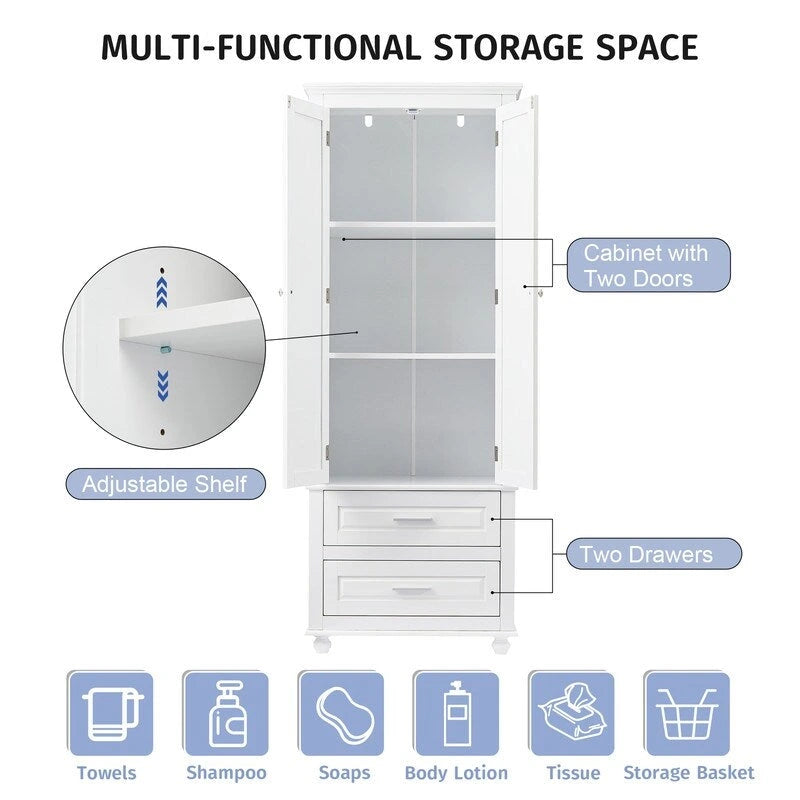 Tall Freestanding Storage Cabinet with Drawers and Adjustable Shelf White Grey
