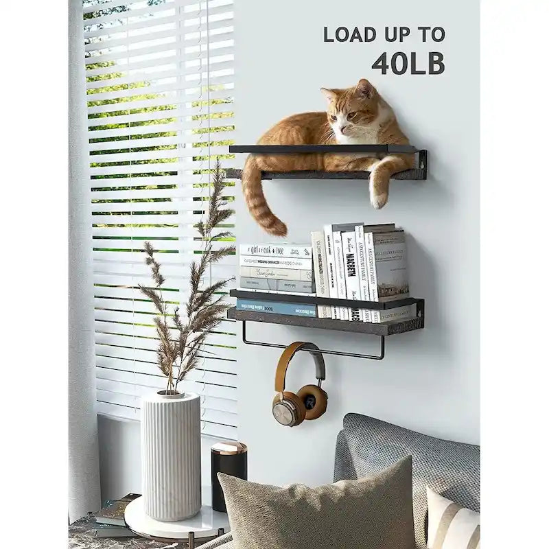Dark Brown Wall-Mounted Floating Shelf with Removable Towel Rail Dark Finish