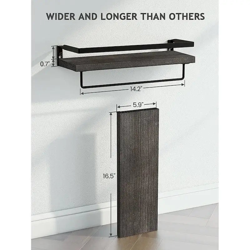 Dark Brown Wall-Mounted Floating Shelf with Removable Towel Rail Dark Finish