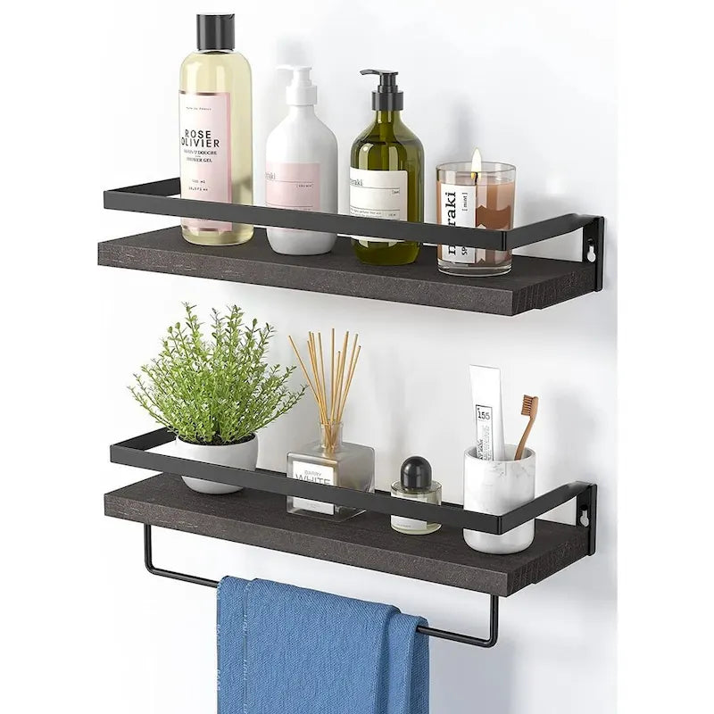 Dark Brown Wall-Mounted Floating Shelf with Removable Towel Rail Dark Finish